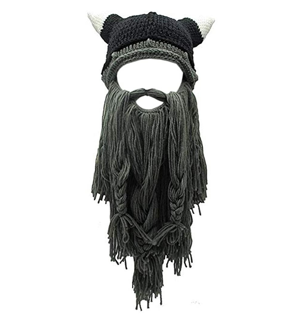 Skullies & Beanies Creative Original Barbarian Knit Beard Hat Wig Beanie Hat Funny Knit Hat Beard Facemask - V-grey - CT18H85...