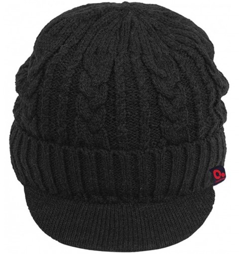Skullies & Beanies Men Wool Blend Cable Knitted Visor Beanie Winter Knit Hat with Brim Fur Lined Ski Cap - Black - C7187ZYDYY...