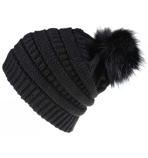 Skullies & Beanies Knit Beanie Skull Cap Thick Fleece Lined Soft & Warm Chunky Beanie Hats or Scarf for Women Daily - E - Bla...