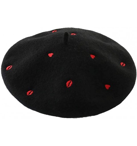 Berets Red Heart Design Classic French Artist Beret Hat 100% Wool - Black - C218I02YOGS $12.14