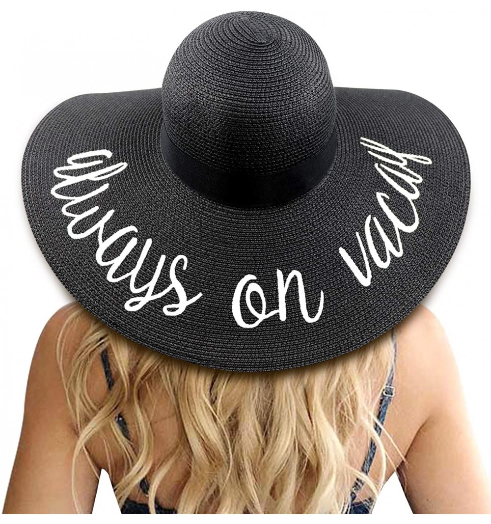 Sun Hats Womens Bowknot Straw Hat Foldable Beach Sun Hat Roll up UPF 50+ - Ae Always on Vacay - Black - CS18TR97M3O $16.80