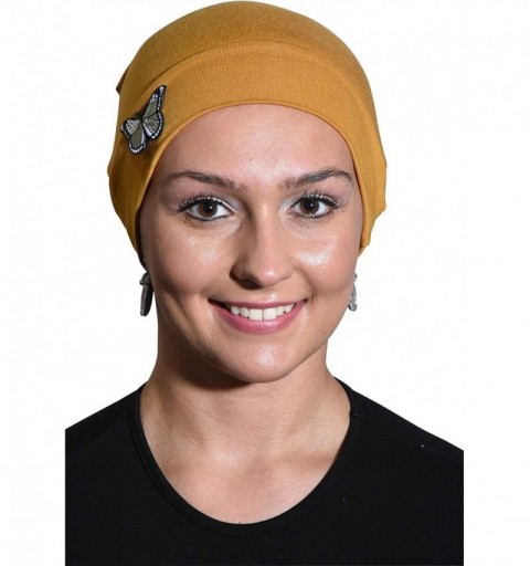Skullies & Beanies Ladies Chemo Hat with Green Butterfly Bling - Mustard - CK12O0MHMBX $20.57