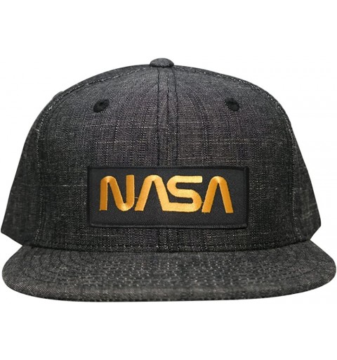 Baseball Caps NASA Worm Gold Text Embroidered Patch Washed Denim Snapback Cap - Black Denim - C812NEW6UZG $18.94