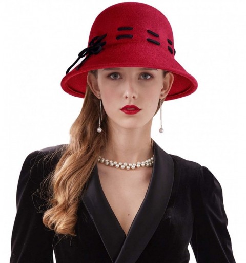 Fedoras Women's Winter Vintage Hat 100% Wool Felt Cloche Bucket Bowler Hat Fedora Hat with Cross Strap - A- Red - C218WUMA0UQ...