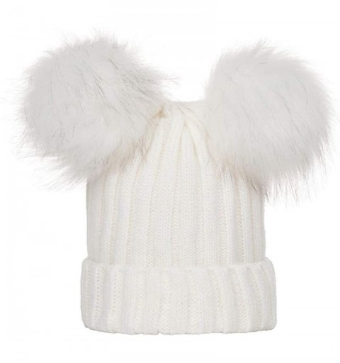 Skullies & Beanies Womens Winter Hats Girls Cute Double Fur Ball Pompom Warm Ribbed Knit Beanie Cap Hat (White) - CW18KR063UU...