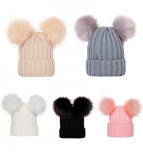 Skullies & Beanies Womens Winter Hats Girls Cute Double Fur Ball Pompom Warm Ribbed Knit Beanie Cap Hat (White) - CW18KR063UU...