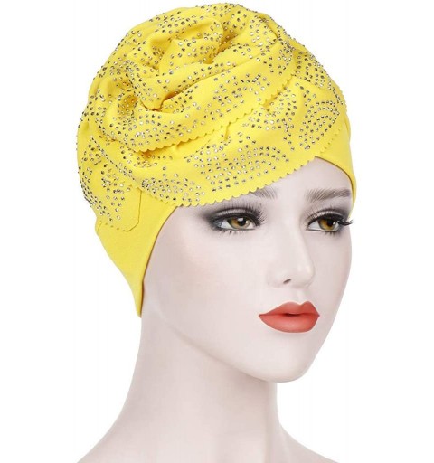 Skullies & Beanies Head Wraps for Women- Chemo Turban Hats Flower Stretchy Turban Brim Cap Pile Vintage Turban - Yellow - CU1...
