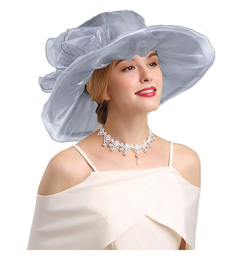 Sun Hats Women's Organza Kentucky Derby Church Fascinator Hat Wide Brim Summer Sun Hat for Bridal Tea Party Wedding - C718TMX...