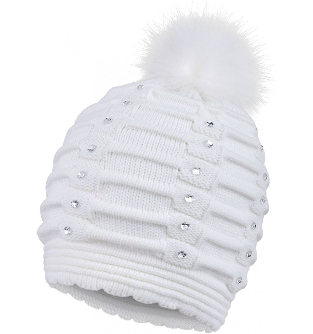 Skullies & Beanies Horizontal Cable Knit Beanie with Sequins and Faux Fur Pompom - White - CD18I5ME0M6 $9.25
