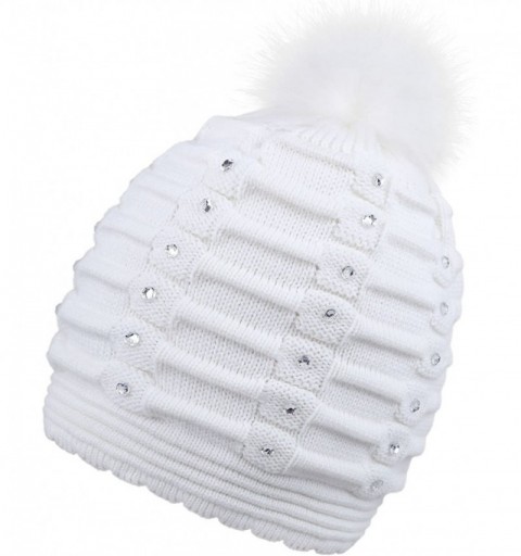 Skullies & Beanies Horizontal Cable Knit Beanie with Sequins and Faux Fur Pompom - White - CD18I5ME0M6 $9.25