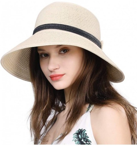 Sun Hats Womens UPF 50 Summer Straw Beach Sun Hat Wide Brim Fashion Fedora Packable & Adjustable - 91568beige - CL199I0Y2K0 $...