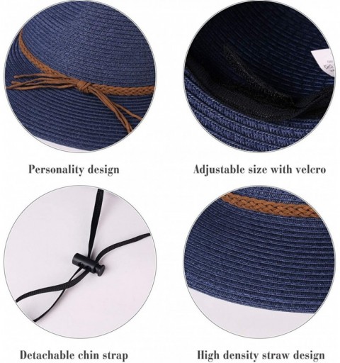 Sun Hats Sun Hats for Women Summer Wide Brim UV UPF 50+ Panama Fedora Foldable Packable Straw Beach Hat - Navy Blue - C81963I...