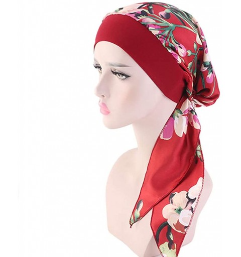 Skullies & Beanies Women Vintage Silky Turbans Bonnet Elastic Wide Band Multifunction Printing Hat Chemo Hair Loss Cap - B-re...
