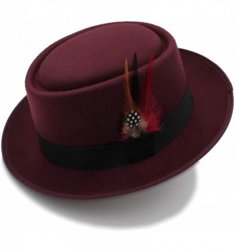 Fedoras Fashion Men Pork Pie Hat Wool Flat Fedora Hat Gentleman Panama Trilby Hat with Fashion Feather - Wine Red - CQ18NLG5X...