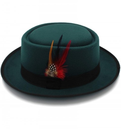 Fedoras Fashion Men Pork Pie Hat Wool Flat Fedora Hat Gentleman Panama Trilby Hat with Fashion Feather - Wine Red - CQ18NLG5X...