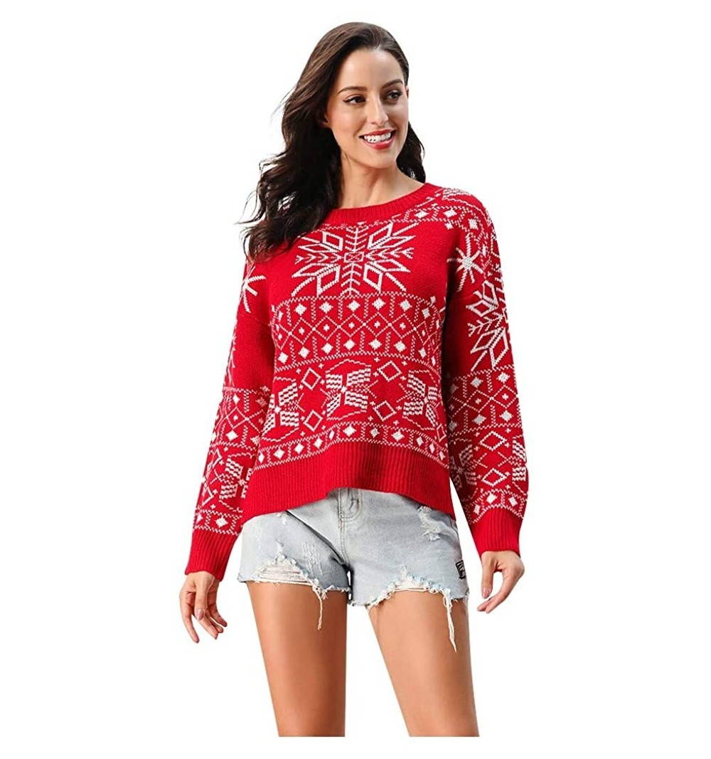 Skullies & Beanies Women Christmas Knit Sweaters Long Sleeve Pullover Snowflake Printed Sweater Top Blouse Shirts Merry Chris...