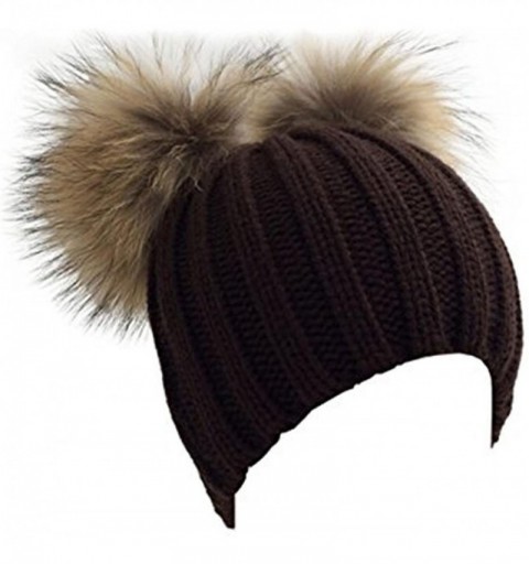 Skullies & Beanies Winter Knit Crochet Beanie Raccoon Fur Double Pom Pom Ball Bobble Hat Crochet Ski Cap - Brown - CW186NO88L...