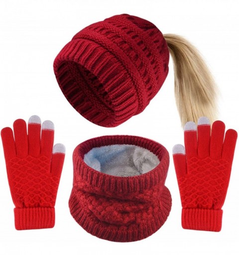 Skullies & Beanies 4 Pieces Womens Winter Beanie Hats with Ponytail Hole Knit Scarf Gloves - Red - C318YSQE03O $26.40