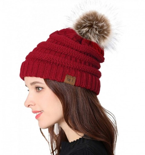 Skullies & Beanies Winter Hats for Women- Warm Beanies for Women- Slouchy Beanie Hat with Faux Fur Pom Pom - Red - CL18YA96ZY...
