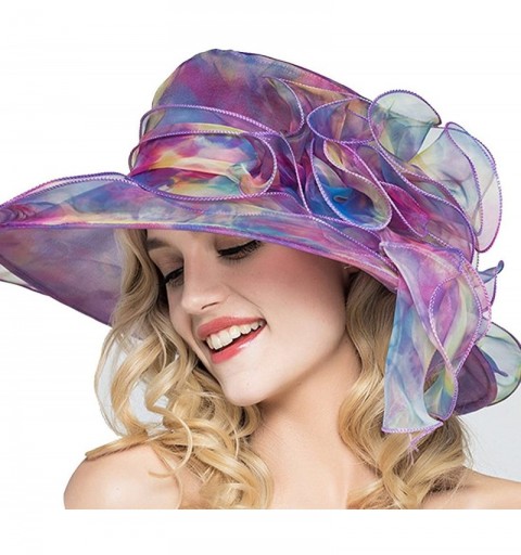 Sun Hats Women's Colorful Organza Sun Hat Wide Brim Tea Party Kentucky Derby Hat - Purple - CJ1836D8DW5 $21.05