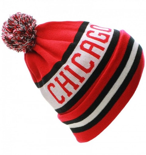 Skullies & Beanies USA Favorite City Cuff Winter Beanie Knit Pom Pom Hat Cap - Chicago - Red Black - CV11Q2TZK9L $10.56