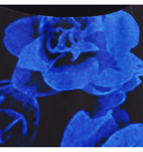 Headbands Women's Long Sleeve O-Neck Casual Rose Print Chiffon Ruffles Mini Dress - Blue - CH18NS6M84Z $9.28
