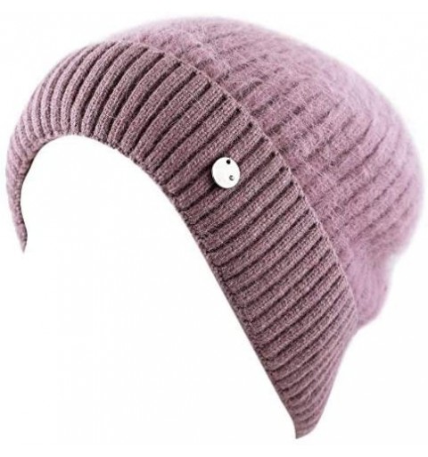 Skullies & Beanies Women's Rabbit Fur Cuff Knit Beanie Fleece Lined Skully Winter Hat - Mauve - CD12N4Y793B $20.19