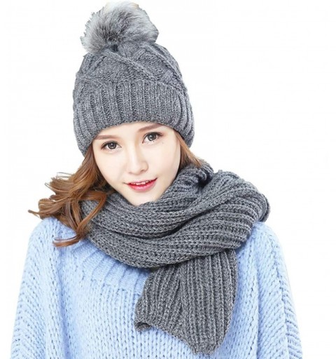 Skullies & Beanies Cold Winter Women Warm Scarf Beanie Hat Set Knitted Fleece Girls Pompom - Gray - CH18KO2OHA8 $15.64