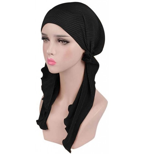 Skullies & Beanies Women Draped Pre-Tied Headwear Striped Scarf Elastic Chemo Hat Soft Knit Beanie Sleep Turban - Black - CI1...