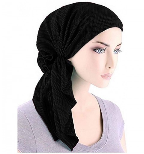 Skullies & Beanies Women Draped Pre-Tied Headwear Striped Scarf Elastic Chemo Hat Soft Knit Beanie Sleep Turban - Black - CI1...