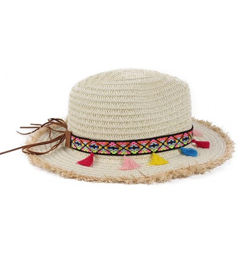 Sun Hats Colorful Tassels Women's Straw Hat Wide Brim Beach Summer Sun Hat - Hat002-white - CK182MUUWZW $12.59