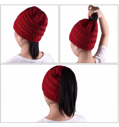 Skullies & Beanies 4 Pieces Womens Winter Beanie Hats with Ponytail Hole Knit Scarf Gloves - Red - C318YSQE03O $15.27