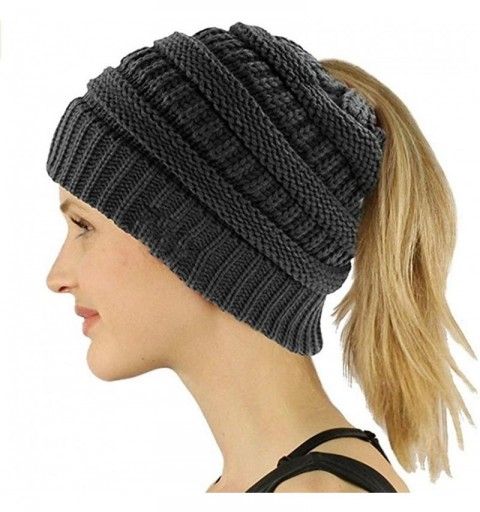 Skullies & Beanies Women's Winter Knit Cup Beanie Tail Ponytail Winter Warm Stretch Cable Messy High Bun Knit Hat - Grey - CW...