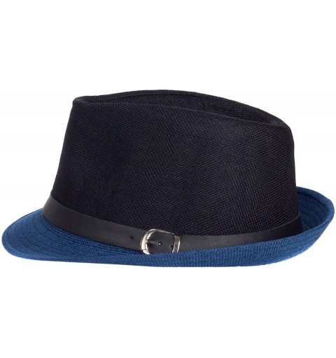 Fedoras Men Women Short Brim Sunblock Summer Fedora Straw Hat with Manhattan Style - Black-blue - CK12GZ7O0CR $14.79