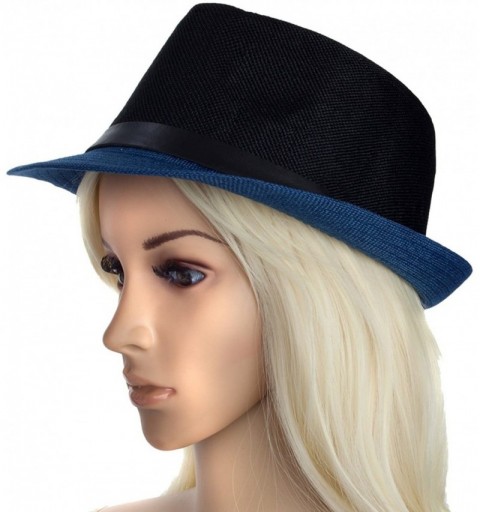 Fedoras Men Women Short Brim Sunblock Summer Fedora Straw Hat with Manhattan Style - Black-blue - CK12GZ7O0CR $14.79