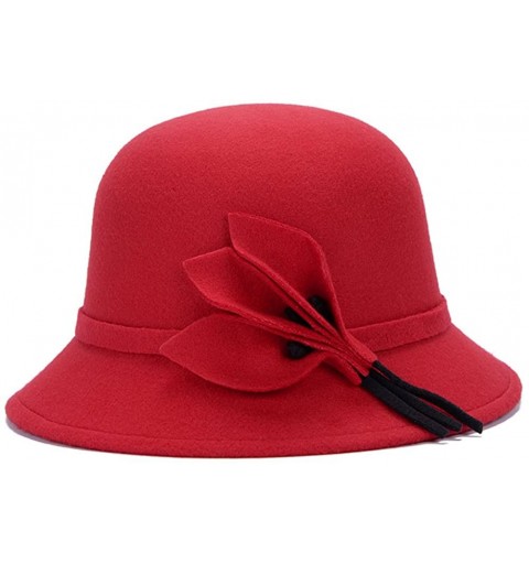 Bomber Hats Fahion Style Woolen Cloche Bucket Hat with Flower Accent Winter Hat for Women - Red-a - CJ1208QHEXD $50.35