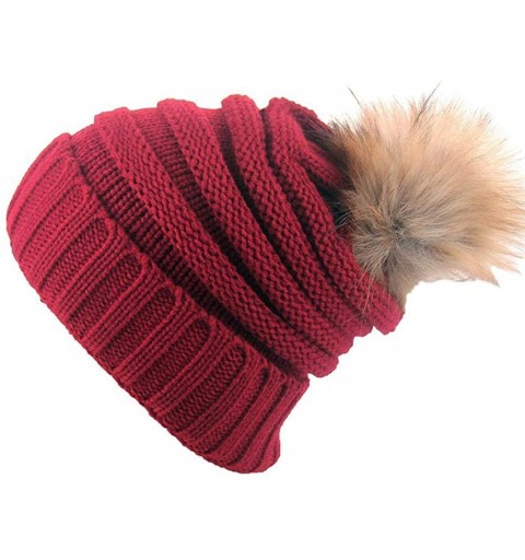 Skullies & Beanies Women Casual Headwear Stretchy Soft Hats Plush Ball Thicken Knitted Hat Skullies & Beanies - Wine Red - CM...