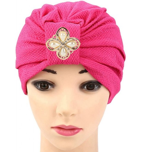 Skullies & Beanies Women Solid Rhinestone Pre Tied Cancer Chemo Hat Beanie Turban Stretch Head Wrap Cap - Hot Pink - CO185UYO...