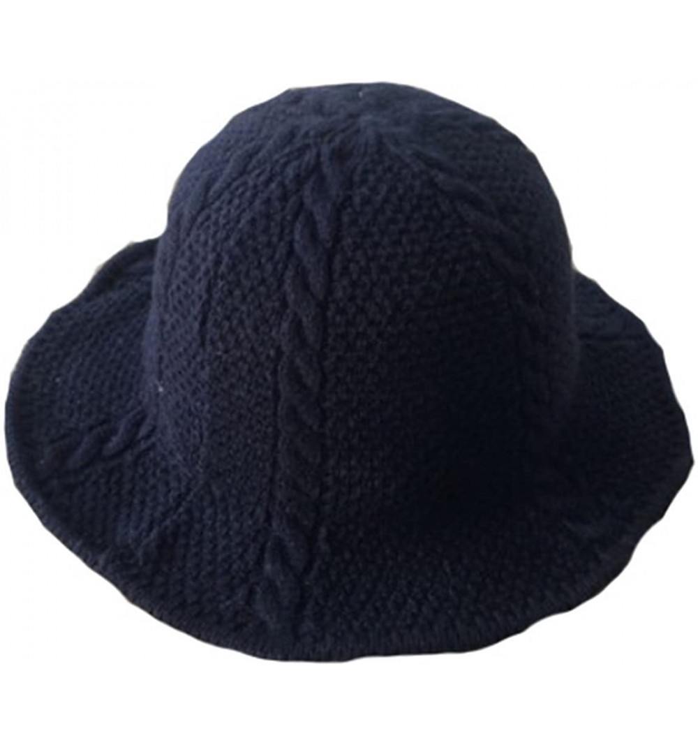 Bucket Hats Women's Cable Knit Foldable Wool Blend Church Cloche Cap Bucket Hat Bowler Hats - Navy - CQ188Q5UD80 $12.39