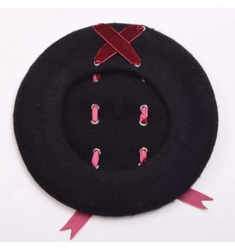Berets Women's Handmade Lolita Beret Cap with Ribbon Bowknot - Black - CJ182EALMNC $15.67