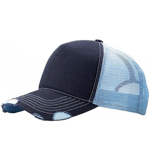 Baseball Caps Cotton Twill Distressed Mesh Trucker Hat - Navy / Blue - CQ11BXJOCHB $8.79