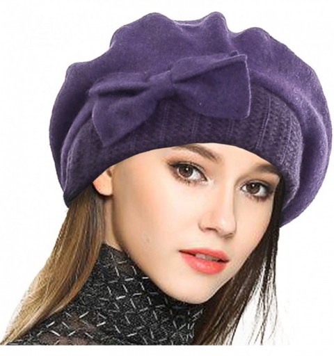 Berets Lady French Beret 100% Wool Beret Floral Dress Beanie Winter Hat - Bow-purple - C3187I54R8A $17.90