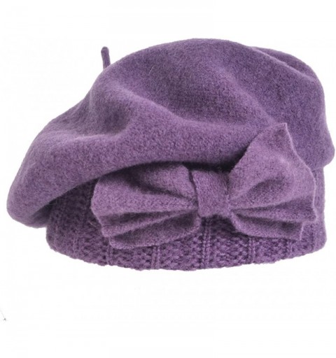 Berets Lady French Beret 100% Wool Beret Floral Dress Beanie Winter Hat - Bow-purple - C3187I54R8A $17.90