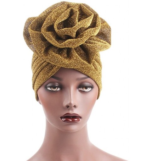 Skullies & Beanies Vintage Flower Twist Pleated Knotted Stretch Turban Hat Muslim Ruffle Beanie Scarf Turban Cap - Gold - CK1...
