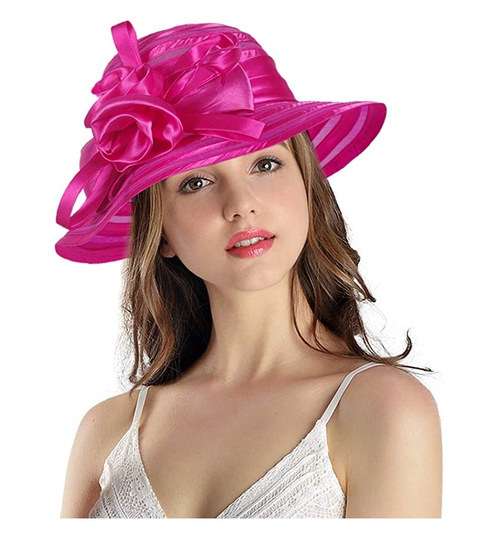 Bucket Hats Women's Big Floral Fascinators Kentucky Derby Church Floppy Wide Brim Cloche Bowler Bucket Hat - Hot Pink - CW18Q...