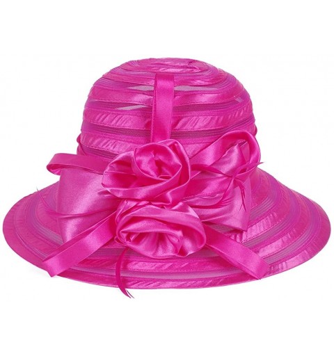 Bucket Hats Women's Big Floral Fascinators Kentucky Derby Church Floppy Wide Brim Cloche Bowler Bucket Hat - Hot Pink - CW18Q...
