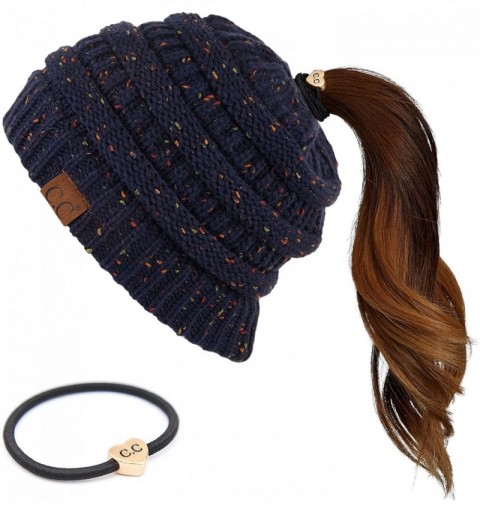 Skullies & Beanies Ribbed Confetti Knit Beanie Tail Hat for Adult Bundle Hair Tie (MB-33) - Navy (With Ponytail Holder) - CQ1...