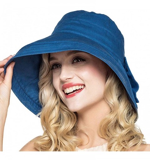 Sun Hats Women Wide Brim Bow Beach Reversible UV Sun Protection Packable Bucket Hat - Nary Blue - CH18H695UMQ $14.66