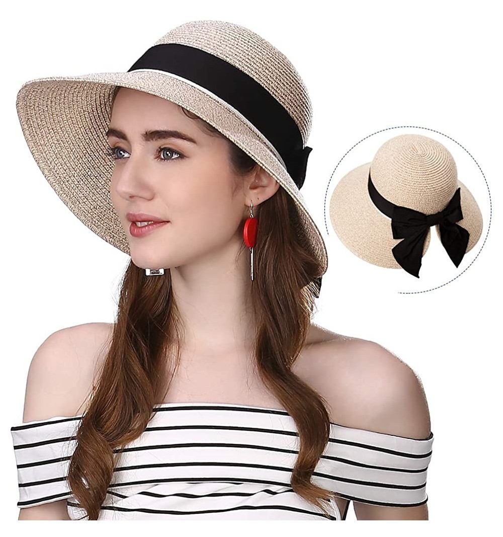 Sun Hats Womens UPF 50 Straw Sun Hat Floppy Wide Brim Fashion Beach Accessories Packable & Adjustable - 89015beige - CW18W6I7...
