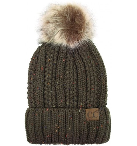 Skullies & Beanies Exclusive Knitted Hat with Fuzzy Lining with Pom Pom - Confetti New Olive - CG18G2ZHX6E $13.56
